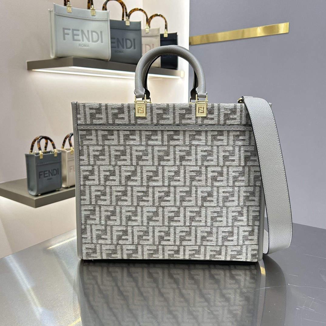 Fendi Medium Sunshine Shopper Grey FF Jacquard Fabric Bag